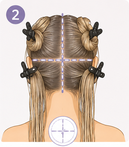 Step 2: Section hair into four parts and clip securely.